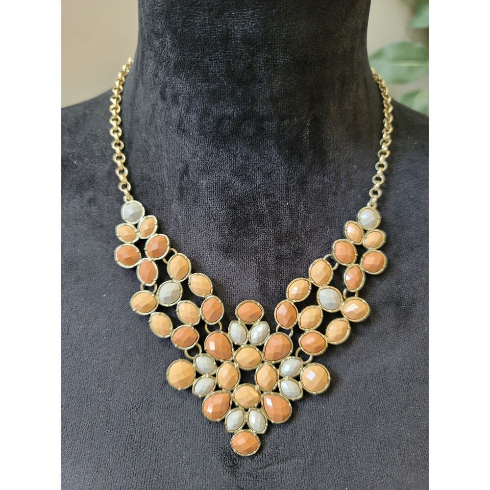 Womens Statement Bib Necklace Gold Tone Chain Faceted Beads With Lobster Clasp